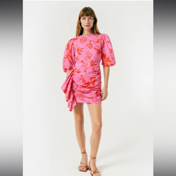 NWT RHODE Pia Pink Botanical Floral Abstract Mini Dress Ruffles Puff Sleeve 12 - Picture 11 of 15